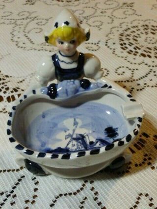 Vintage Japan Delft Blue Girl With Windmill Pattern Ashtray Ceramic 4 1/2 " Tall
