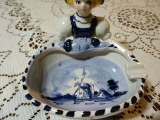 Vintage Japan Delft Blue Girl with Windmill Pattern Ashtray Ceramic 4 1/2 