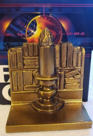 Vintage Pm Craftsman Brass Book Ends Candle And Books 5 " Tall Weighs 4 Pounds