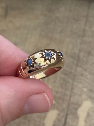 Antique Victorian 3 - Stone Blue Sapphire Star 9kt Yellow Gold Ring