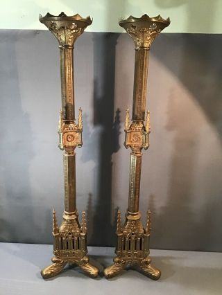 Fine Large Antique Gothic 36” Church Altar Candlesticks