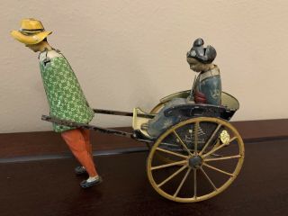 Antique Lehmann Masuyama Tin Toy Coolie With Cart German Tin Toy