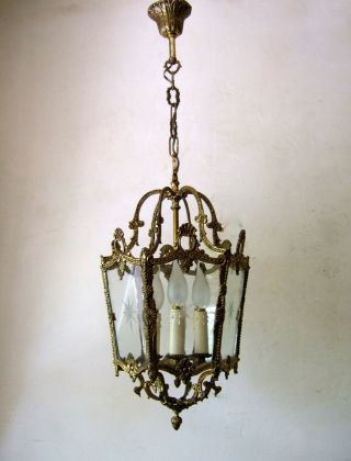 Large Antique French Louis Xv Gilt Bronze And Engraved Glass Lantern,  Chandelier
