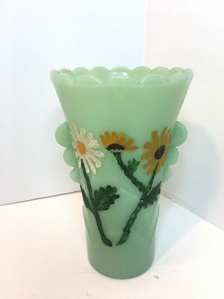 Vintage Anchor Hocking Fire King Jadeite Art Deco Vase Hand Painted Flowers