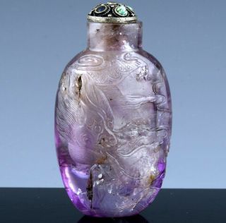 Great 19thc Chinese Carved Amethyst Rock Crystal Dragon Snuff Bottle Silver Lid