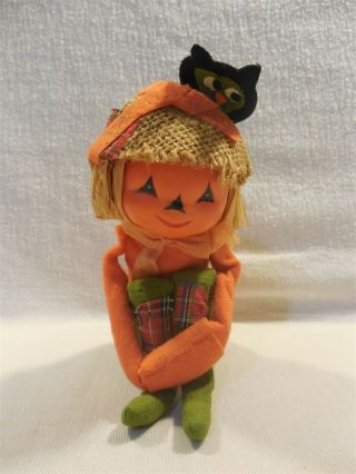 Vintage Japan Halloween Scarecrow Pumpkin Head Elf Knee Hugger Ornament 6 "
