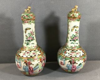 Pair Rare Antique Chinese Rose Medallion Porcelain Covered Vase Jars Lion Finial