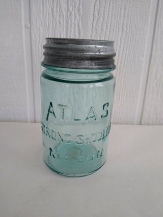 Blue Atlas Strong Shoulder Mason Pint Size Canning Jar Ball Zinc Lid Bubble Vtg