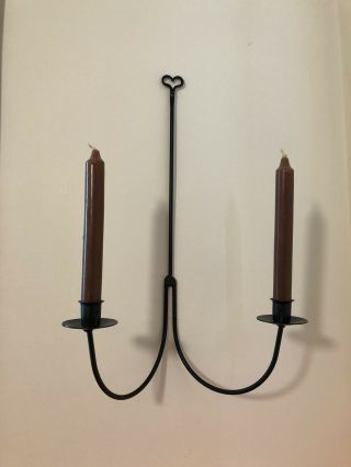 Vintage Black Wrought Iron Double Taper Candle Wall Decor Hanging Sconce 19.  5”