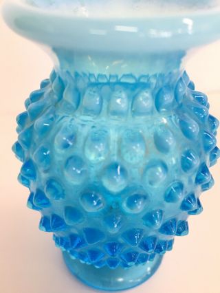 Vintage Fenton Art Glass Blue Opalescent Hobnail 3 ½” Mini Flared Edge Bud Vase 2