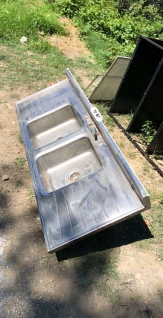 1950s Vintage Stainless Steel Double Bowl Sink - Tracy Brand.  66” Long