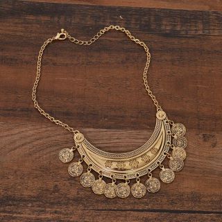 F21 Vtg Style 70s Boho Hippie Gypsy India Gold Coin Bib Collar Pendant Necklace