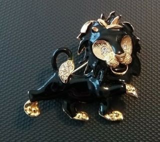 Vintage Lion Black Enamel Goldtone Rhinestone Pin Brooch
