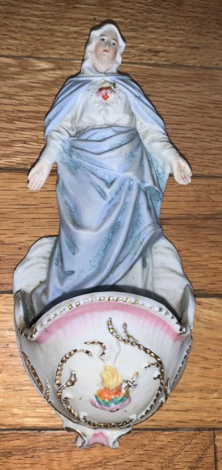 Vintage Porcelain Immaculate Heart Holy Water Font 7” Blessed Virgin Mary