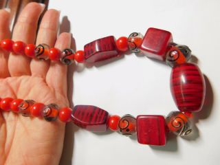 Red Black Faux Art Glass Plastic Beaded Necklace Vintage
