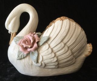 Vintage Large Porcelain White Swan Planter With 2 Pink Roses & Gold Trim,  Euc