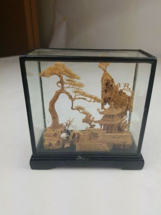 Vintage Chinese Cork Carved Diorama In Glass San You Wood Case Asian Art Black