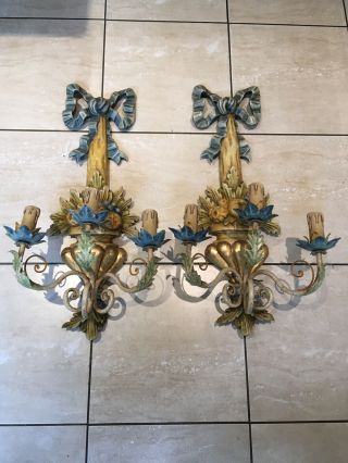 Pair Antique Vintage Painted Carved Wood Italian Florentine Wall Lights (more Av)