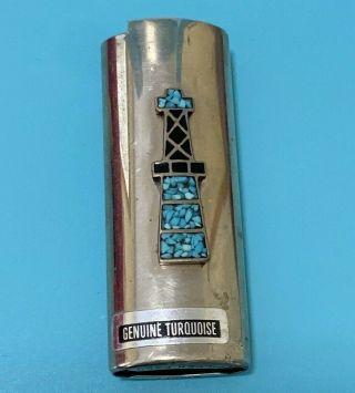 Vintage Lighter Case Coverholder Lighthouse Turquoise Nickel Silver Esco