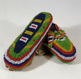 C1900 Pair Native American Sioux Indian Fully Bead Decorated Hide Moccasins