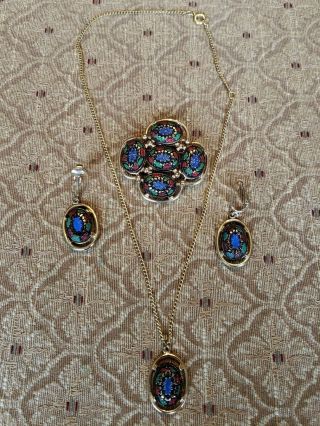 Vintage Sara Coventry Necklace/brooch And Clip On Earrings Gold Tone Set
