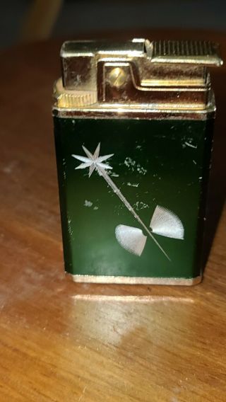 Vintage Royal Musical Lighter Gas Green & Gold Tone Metals Song Plays Well