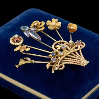 Antique Vintage Art Deco 14k Gold Diamond Sapphire Stick Pin Bouquet Pin Brooch