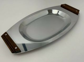 Vintage Mcm Serving Tray Kromex Mid Century Chrome With Wood Accents Oblong Usa