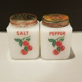 Vintage Tipp Usa Milk Glass Salt Pepper Shaker Cherry (ies) Design