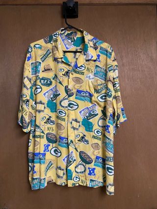 Vintage Green Bay Packers Nfl Football Hawaiian Full Button Up Shirt Size Xl