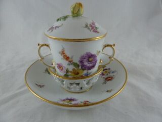 Antique Meissen 2 Handle Cup & Saucer W Trembleuse Floral Design C.  1770 Germany