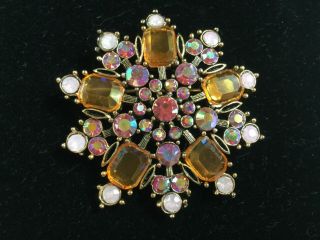 Vintage Rhinestone Fashion Brooch Pin Ab Pink And Topaz Color Snowflake Star