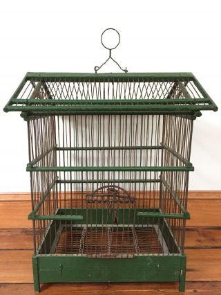 Vintage Antique Victorian Boho Green Wood Rustic Metal Wire Bird Cage Decor 19 "