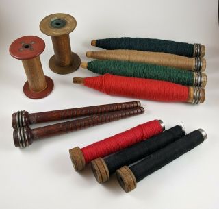(11) Vintage Wooden And Metal Textile Industrial Spools Spindles Bobbins Sewing