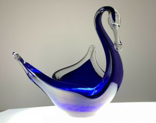 Vintage Murano Glass Swan Dish Figure Blown Art Glass Bowl Blue Swirl Italy 5 "