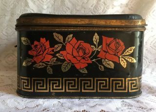 Vintage Art Deco Red Black And Gold Rose Tin With Lid And Handles