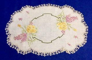 Vintage Hand Crocheted Embroidered Floral Linen Doily - 46cm X 30cm