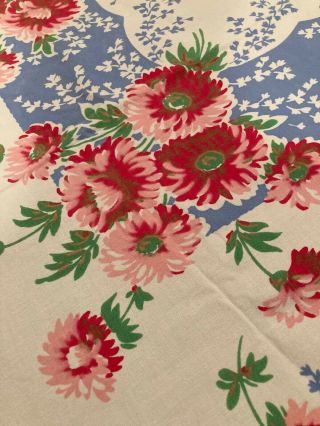 Vintage Mid Century Print Tablecloth Red Pink Flowers Blue 58 " X 51 1/2 "