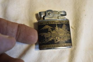 Antique Vintage Prince Japanese Damascene Lighter Black Enamel & Brass