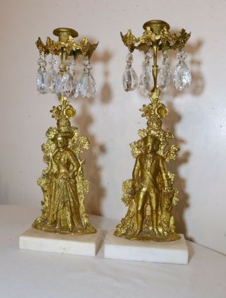 Pair Antique Ornate Girandole Dore Bronze Crystal Candelabra Brass Candle Holder