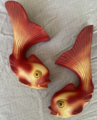 1940s Vintage Chalkware Fish Wall Pocket Vases Mermaid Pair 10”