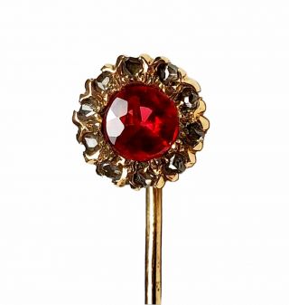 Antique Victorian 14k Gold Burmese Ruby & Rose Cut Diamond Stick / Tie Pin