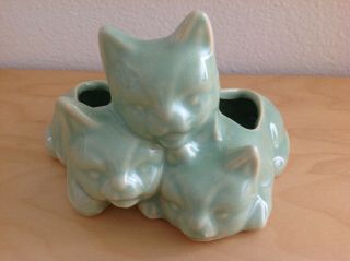 Vintage Mccoy Pottery Green 3 Cats Kittens Planter Cactus 5.  5 " W 3.  75 " H