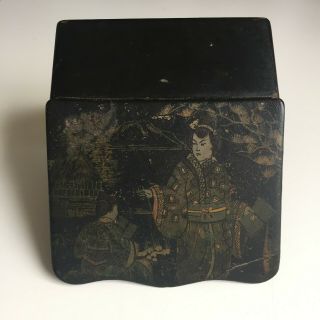 Antique Japanese Black Lacquer Match Box Strike Painted Women Decoration