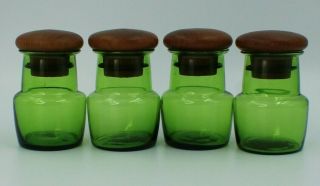 Vintage Green Spice/storage Blown Glass Jars With Wooden Stoppers Set Of 4