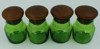 Vintage Green Spice/Storage Blown Glass Jars With Wooden Stoppers Set of 4 2