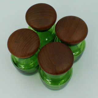 Vintage Green Spice/Storage Blown Glass Jars With Wooden Stoppers Set of 4 3