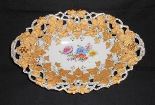 Antique Meissen Reticulated Oval Bowl 12.  5 " Gold Leaves Floral Center 1800 