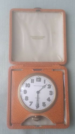Vintage Waltham Travel Clock - 8 Days - In Leather Case.  Made In Usa.