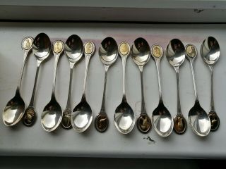Vintage Mohagany Set Of 12 Sterling Silver Spoons - British Birds - Not Scrap